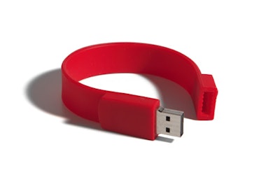 Silicone bracelet with USB flash drive, $14.83 (for 64 MB, minimum of 50) to $41.58 (for 1 GB, minimum of 50), from Bagwell Promotions.