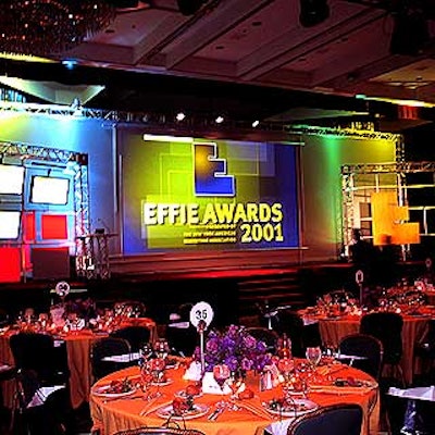 The New York American Marketing Association's Effie awards at the Marriott Marquis featured a set designed by Legend Productions that included a 22-foot screen and three smaller plasma screens suspended from a brushed steel pipe frame.