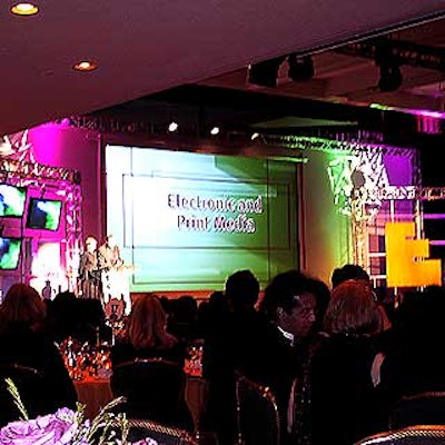 The New York American Marketing Association's Effie awards at the Marriott Marquis featured a set designed by Legend Productions that included a 22-foot screen and three smaller plasma screens suspended from a brushed steel pipe frame.