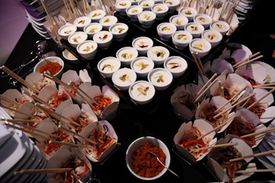 Caterer Great Performances placed serving stations of appetizers throughout the lounge.