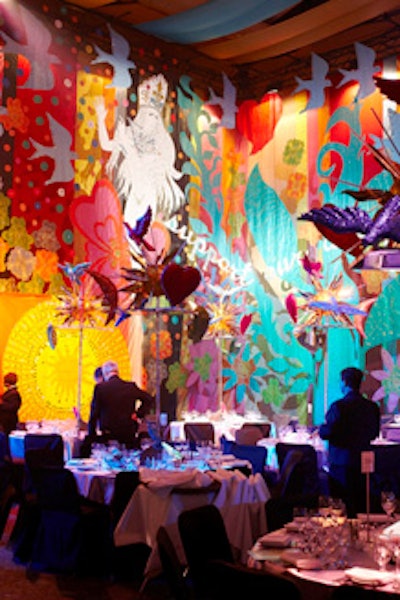 Floor-to-ceiling fabric panels—covered with images of hearts, birds, and flowers—draped the walls throughout the main dining area.