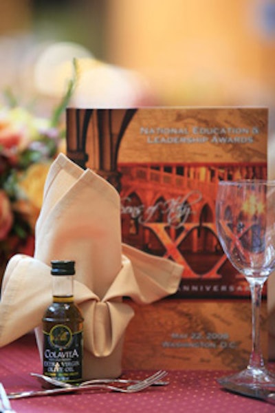 Sponsor Colavita placed a miniature olive oil bottle at each seat.