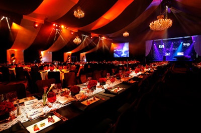 Long tables each seated 30 to 40 guests.