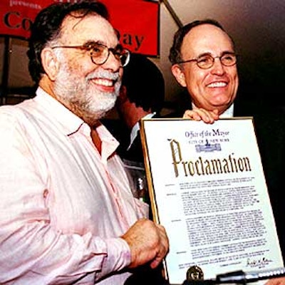 Francis Ford Coppola and Mayor Giuliani held a proclamation announcing June 11th as 'Carmine Coppola Day.' (Photo by Monika Graff)