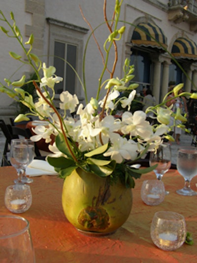 Dendrobium orchids and coconut centerpieces on the food and dining tables added to the tropical ambience.