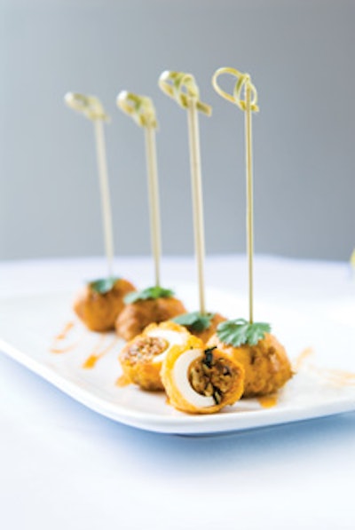 4. EggsThe versatile staples are taking the spotlight as the focus of a dish, not just as a component.Hors d'Oeuvres: Tempura-battered quail eggs stuffed with chorizo and Manchego cheese, dressed with cilantro and chipotle syrups, from D'Amico Catering in Minneapolis.
