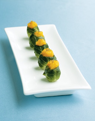 5. Brussels SproutsChefs are deep-frying, shaving, and roasting these cabbage-like vegetables to add texture and flavor to savory dishes.Hors d'Oeuvres: Steamed Brussels sprouts filled with butternut-squash puree and garnished with poppy seeds, from Limelight Catering in Chicago.