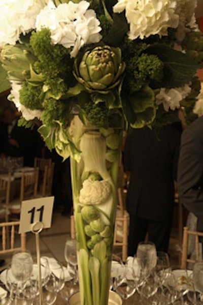 For the V.I.P. section, Yarce created towering hydrangea-filled centerpieces that also contained submerged fennel bulbs, Brussels sprouts, and stalks of celery.