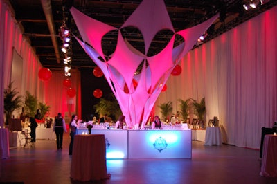 The bar in the silent-auction room surrounded a large spandex structure, courtesy of Solutions With Impact.