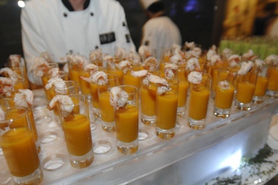 Chilled soup shooters included carrot and mango, tomato and saffron, roasted red beet and pomegranate, and green pea and fennel.