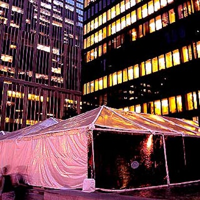 A white tent with a transparent roof from Starr Tents was erected on top of the fountains that stand in front of the Seagram Building.