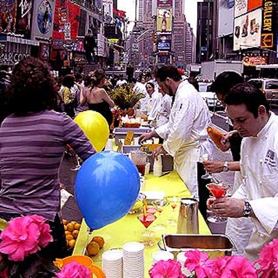 The 'world's longest lemonade stand' in Duffy Square offered guests 11 different kinds of gourmet lemonade.