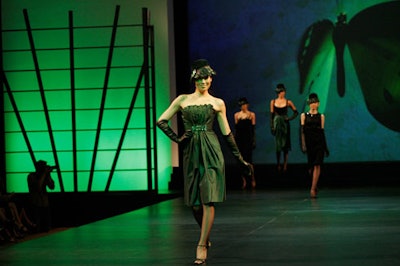 For the 1920s-style Carmen Marc Valvo Couture collection, green graphics (including an image of a butterfly flapping its wings) covered the backdrop.