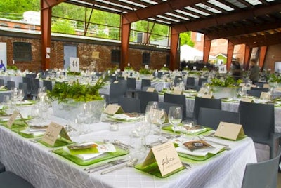 Centrepieces featuring native plants topped tables accented with green plates.