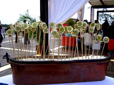 The inventive hors d'oeuvres served included skewered grapes rolled in goat cheese and pistachios.