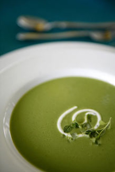 The first course from the Food for Thought menu was green- pea soup with black truffle and chef's-garden micro mint.