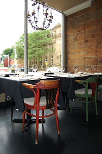The owners re-upholstered vintage chairs to add a rustic element to the restaurant.