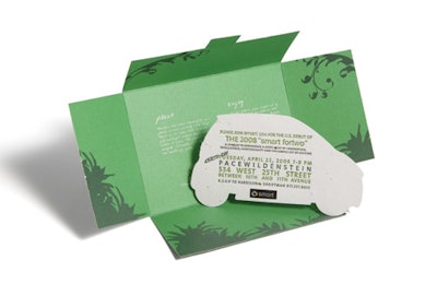 A New Take on Recycling Harrison & Shriftman worked with Fête to create a flower-seed-laced invitation for the eco-friendly Smart ForTwo car debut in New York. The envelope gave instructions for planting the card, which naturally decomposes in soil.