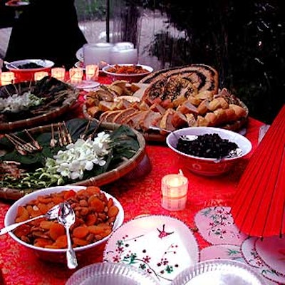 The Moroccan buffet table contained Moroccan breads with harissa and eggplant caviar, cured olives, chicken and lamb kebabs and roasted almonds and apricots.