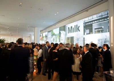The block-long video wall in the IAC Building displayed both images of the High Line and sponsors' logos. The venue recently began booking third-party events.