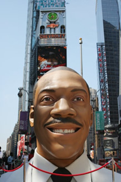 Facing north in Times Square, the Eddie Murphy foam head attracted plenty of attention from pedestrians and traffic.