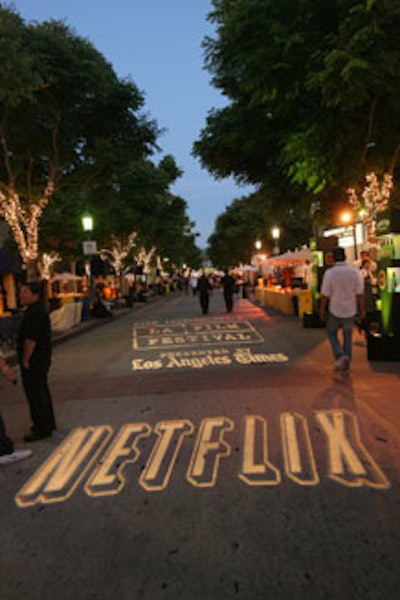 Gobos of sponsors' logos painted the street with light after the Wanted premiere.