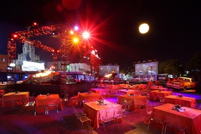 Brightly colored linens topped tables scattered throughtout the parking lots.