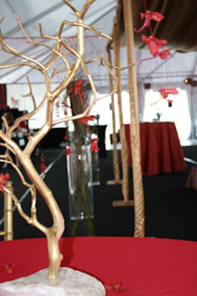 Elegant color combinations, like red and gold, were used by Rambunktious Productions to complement many of U.S. Tents' in-house rentals.
