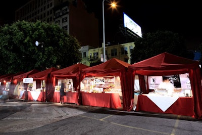 Restaurants served food from red cabana-style tents.