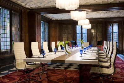 The Blackstone Hotel's English room can host 18 people for a conference.