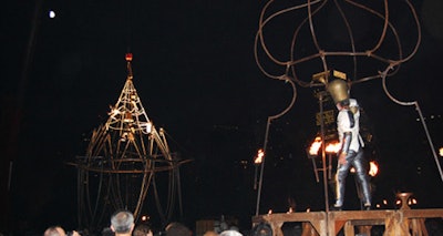 France's Compagnie Transe Express performed Maudits Sonnants, in which musicians and acrobats are lifted into the air on a human carillon, at Navy Pier Friday and Saturday night.