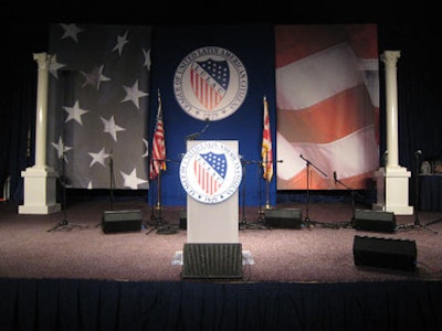 The event's main stage, set for speaker Hillary Clinton, mirrored the evening's red, white, and blue theme.