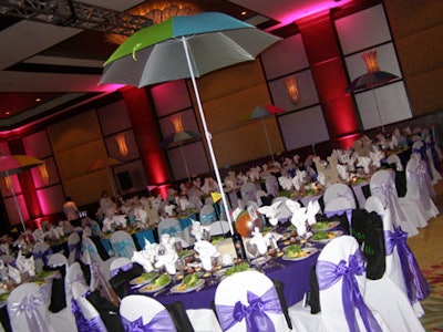 The grand hall was decorated with fun, summer-themed items including sun umbrellas, sand-castle centerpieces, bright linens, and beach balls.