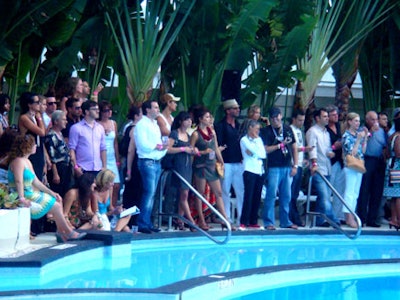 Nearly 700 guests crowded around the pool at the Raleigh for the kickoff to Mercedes-Benz Miami Fashion Week Swim.