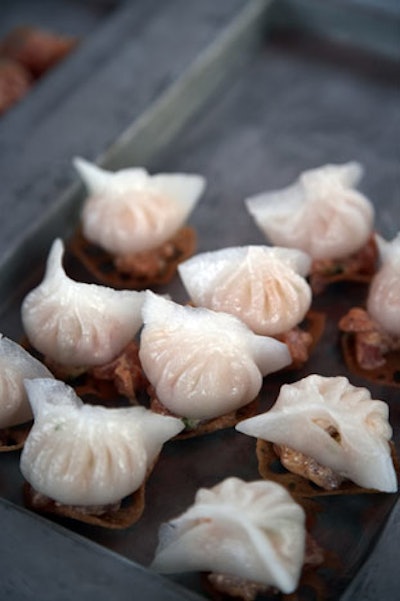 Chris Cheung from Monkey Bar made liquid crystal lobster dumplings on lotus chips for the Pan-Asian themed rooftop.