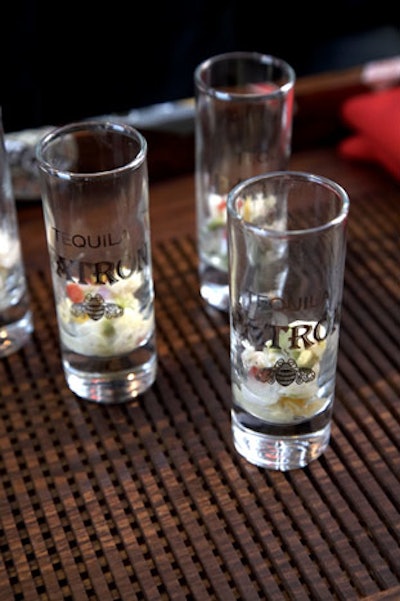 To incorporate the alcohol sponsor, Match Catering created Patron-infused ceviche with shrimp, avocado, scallops, cilantro, and jicama in Patron shot glasses served with small spoons.