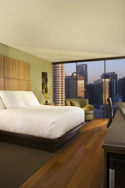 Natural woods, pillowtop mattresses, and skyline views elevate the Dana Hotel and Spa's guestrooms.