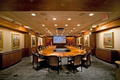 The wood-paneled Presidents Room includes a projection screen and can hold up to 75 for a reception and 50 at a U-shaped conference table.
