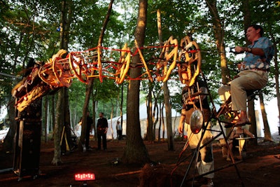An articulated dinosaur fell apart under pressure from a few less-than-gentle riders.
