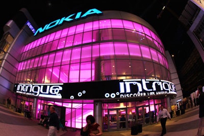 The event's title, 'Intrigue,' scrolled above the Nokia Theatre's entrance.