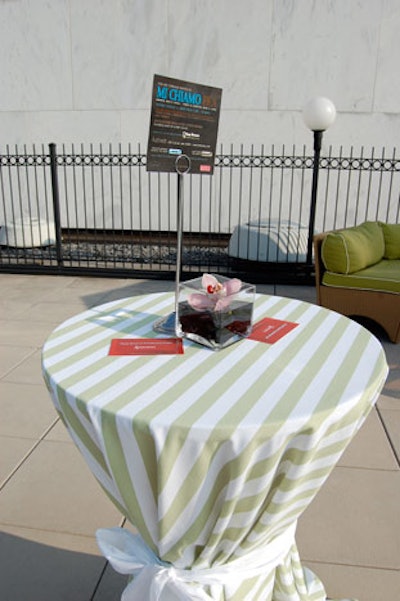 Each table included literature on Hoop Dreams' upcoming events and small arrangements of pink orchids and black stones.