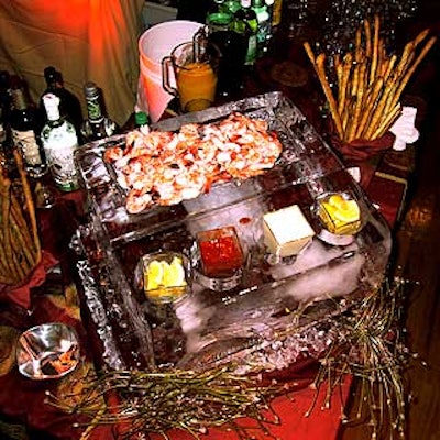 The Catering Company's shrimp cocktail was displayed in an ice sculpture container by Ice Sculpture Designs.