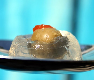 A bite-size classic martini created is shaken and stirred with liquid alginates, and then chilled. The treat is easily passed and served for a refreshing pop of flavor.