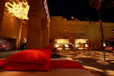 Lounge furniture with red accents decked the courtyard.