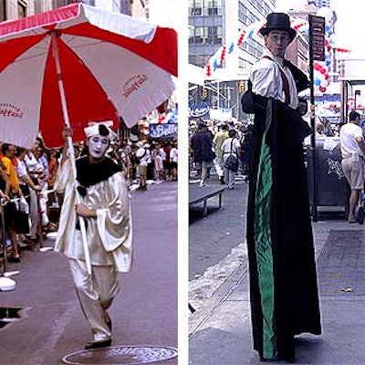 Stiltwalker Mark Gindick (right) and Pierrot mime Gregg Goldston entertained the crowd gathered to watch the chef's race.