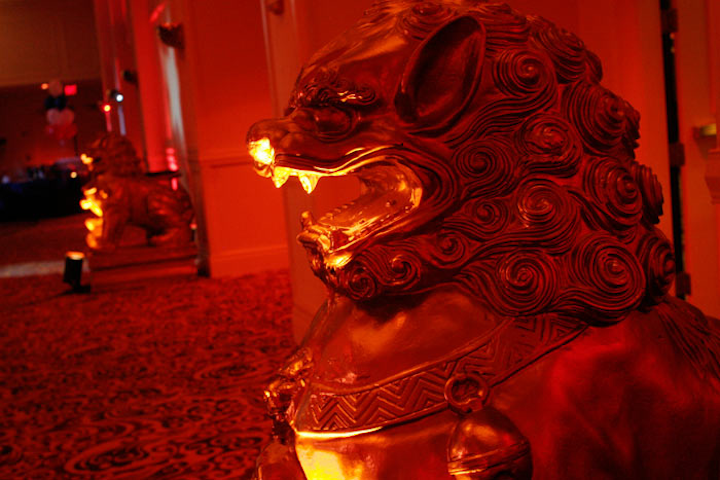 Golden lion statues and a miniature red pagoda decorated the Chinatown section.