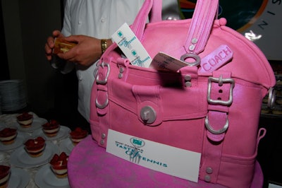 A cake in the shape of a Coach bag from Baking by Design was stuffed with the same white-chocolate mouse the confectioners served as miniature desserts.