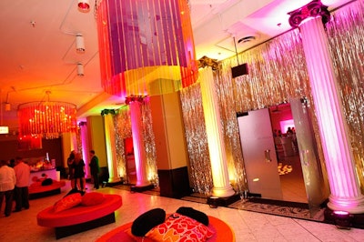 For the after-party, Macy's Narcissus Room became the Break Dance room, and its entrance was framed with a silver Mylar rain curtain.