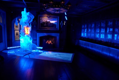 The library's winter landscape featured an abstract white sled on an icy patch of broken mirrors and a reel of images from snowy expeditions.