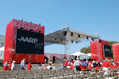 AARP's 50th anniversary celebration included a full program of speakers, including Buzz Aldrin and Sally Field, on a red stage 150 feet from the Lincoln Memorial.
